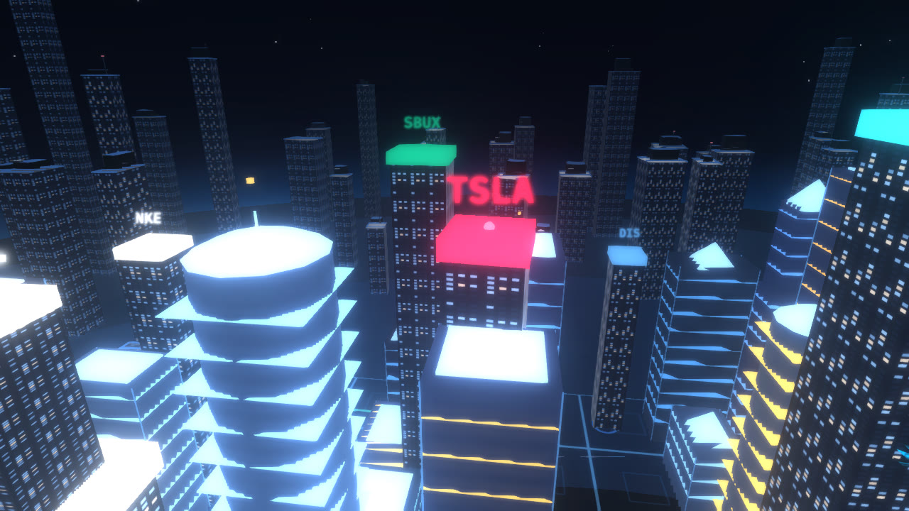 THE WORLD neon skyline of company towers